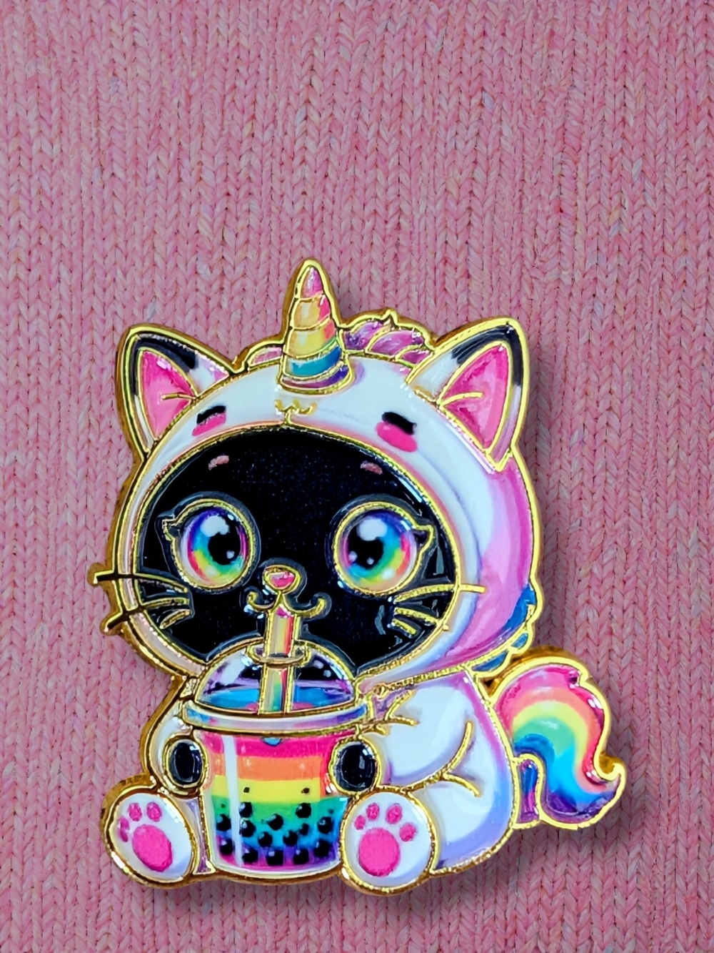 Cute Pink Unicorn Cat Enamel Pin - Rainbow Boba Design